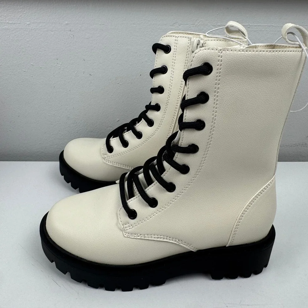 Art Class Girls‎ Cream Combat Boots Black Laces Lug Sole Side Zip Size 1 NEW